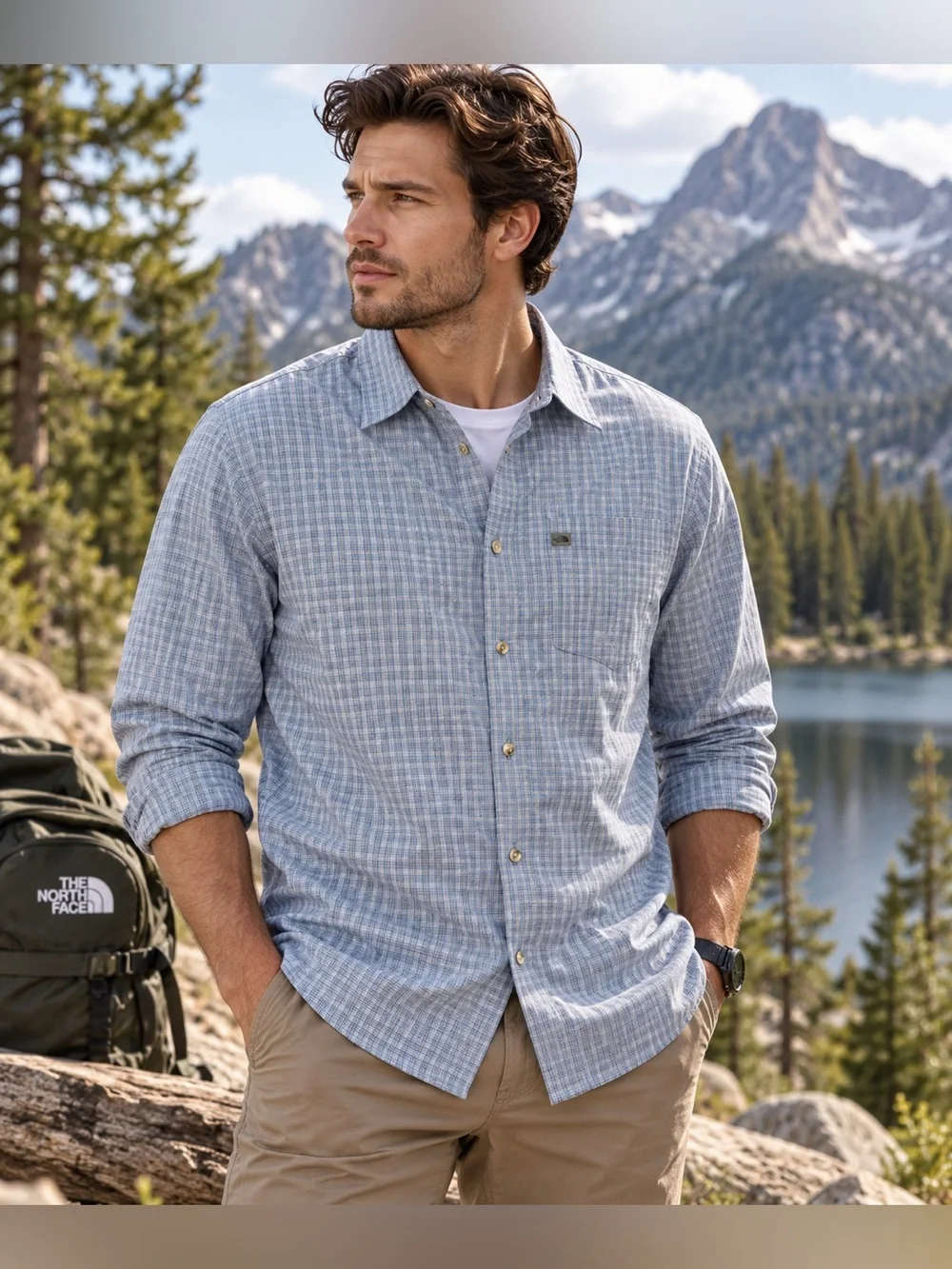 The North Face Men's Light Blue Plaid Cotton Button-Down Shirt
